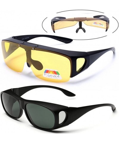 2 Value Pack- HD Polarized Flip Up Night Vision Wraparounds + Sunglasses UV400 - Black - CO18EI96C93 $14.90 Sport