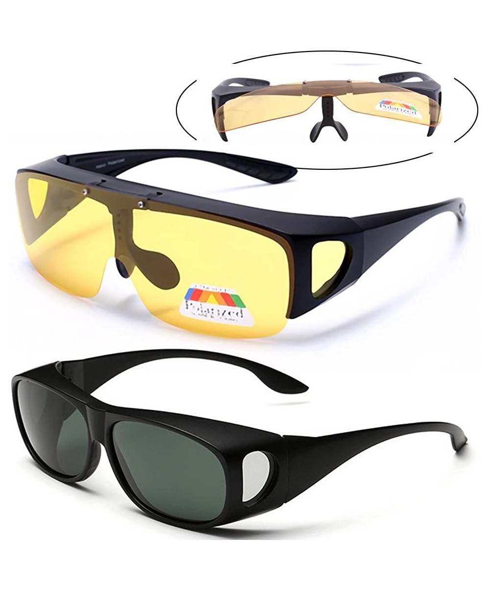 2 Value Pack- HD Polarized Flip Up Night Vision Wraparounds + Sunglasses UV400 - Black - CO18EI96C93 $14.90 Sport