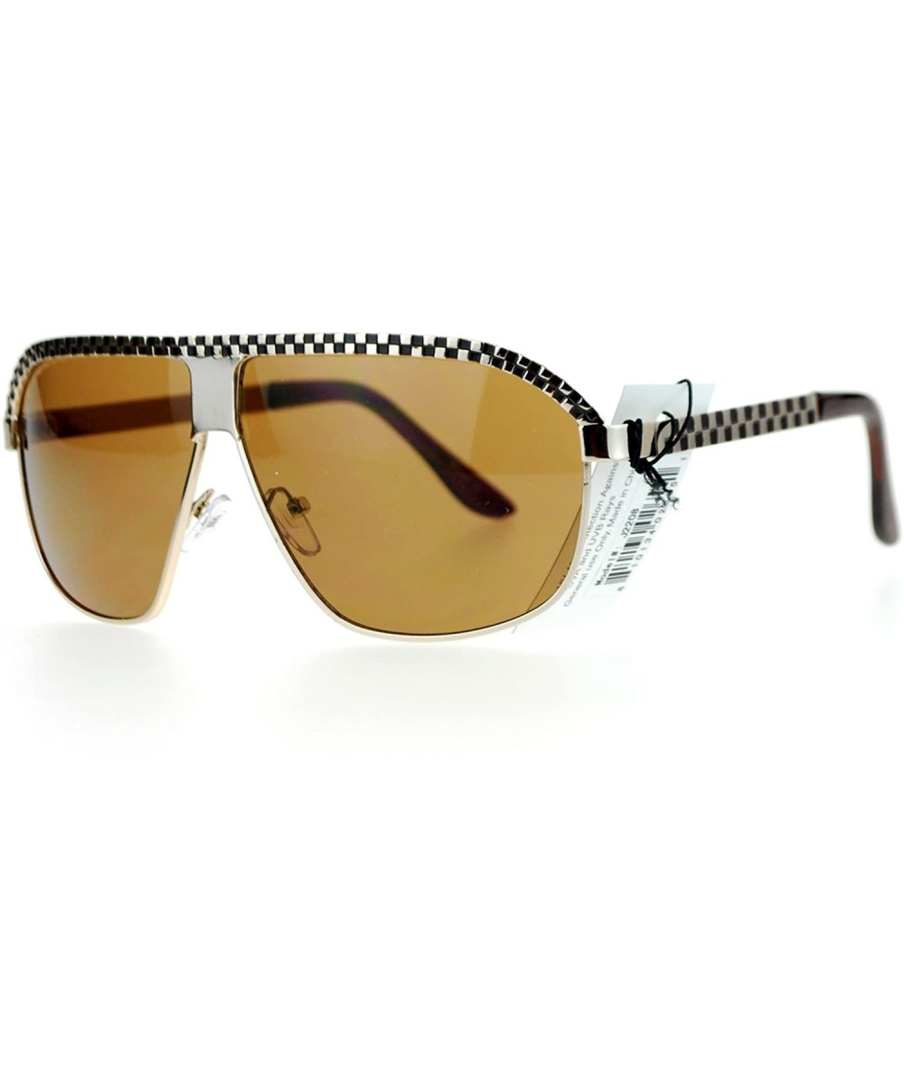 Unique Checker Engraving All Metal Racer Pilot Sunglasses - Gold Brown - C7126SXYFCX $5.51 Rectangular