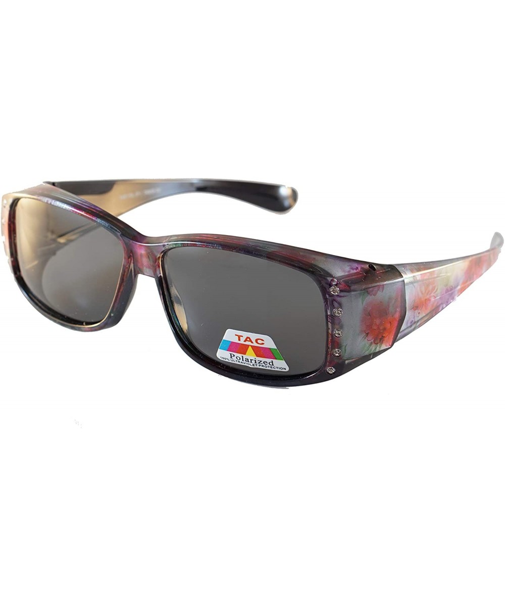 Floral Pattern Bling Rectangular Polarized OTG Sunglasses P009 - Purple Red Flower - CV1888W66TN $11.86 Square