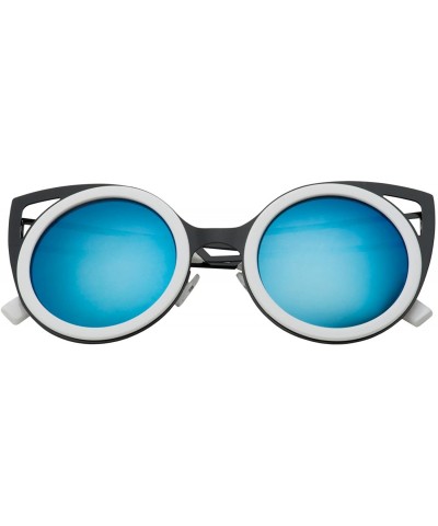 Women's Oversized Round Metal Tip Cat Eye Sunglasses Shades - White - Blue Mirror - CR12EPM9213 $9.22 Cat Eye