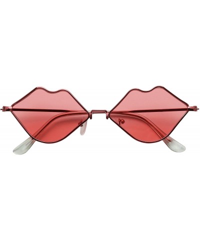 Small Retro Kiss Lip Shaped Sunglasses Slim Metal Wire Frame Flat Lens Womens Cute Chic Fashion Shades - Red - CL195M4STXZ $7...