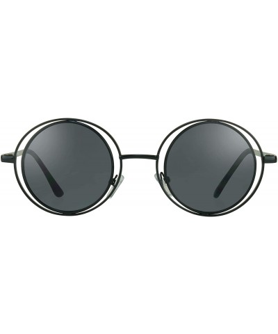 Retro Round Circle Sunglasses with Double Metal Hoops Lennon - Black With Smoke - C212GHIK64Z $8.87 Round