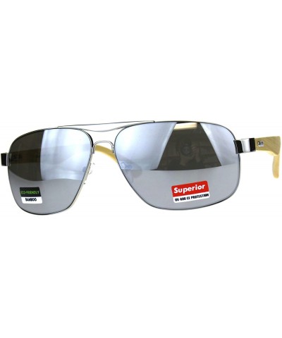 Mens Narrow Metal Pilots Officer Bamboo Wood Arm Sunglasses - Silver Mirror - CL180AO5HW8 $10.88 Rectangular