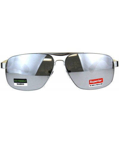 Mens Narrow Metal Pilots Officer Bamboo Wood Arm Sunglasses - Silver Mirror - CL180AO5HW8 $10.88 Rectangular