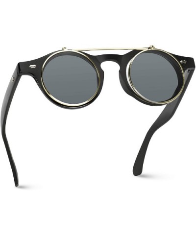 Flip up Cyber Steampunk Round Circle Retro Sunglasses - Black Frame / Gold Rimmed / Black Lens - CQ12N1B17DV $8.24 Round