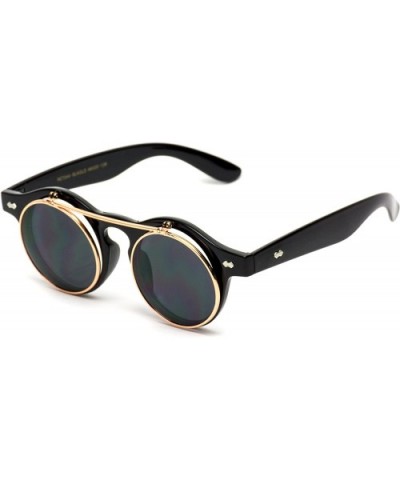 Flip up Cyber Steampunk Round Circle Retro Sunglasses - Black Frame / Gold Rimmed / Black Lens - CQ12N1B17DV $8.24 Round