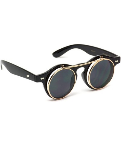 Flip up Cyber Steampunk Round Circle Retro Sunglasses - Black Frame / Gold Rimmed / Black Lens - CQ12N1B17DV $8.24 Round