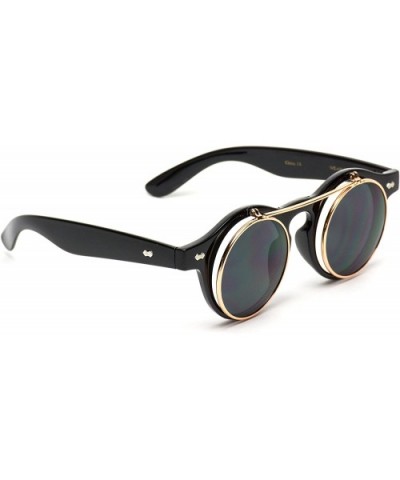 Flip up Cyber Steampunk Round Circle Retro Sunglasses - Black Frame / Gold Rimmed / Black Lens - CQ12N1B17DV $8.24 Round