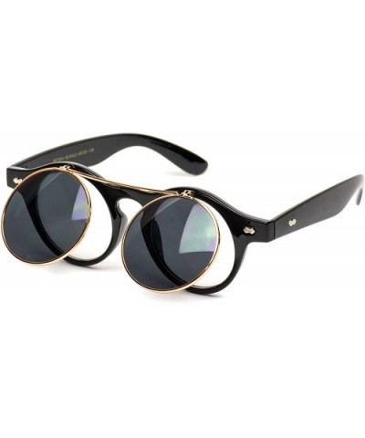 Flip up Cyber Steampunk Round Circle Retro Sunglasses - Black Frame / Gold Rimmed / Black Lens - CQ12N1B17DV $8.24 Round