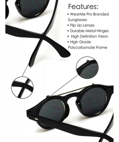 Flip up Cyber Steampunk Round Circle Retro Sunglasses - Black Frame / Gold Rimmed / Black Lens - CQ12N1B17DV $8.24 Round