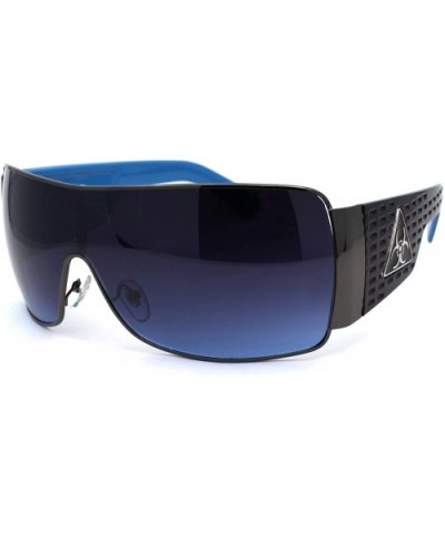 Mens Shield Metal Rim Curved Oversize Sunglasses - Blue - CA1979YO8KX $9.18 Oversized