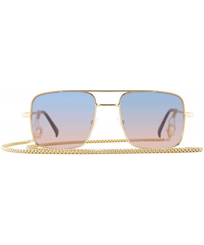 Retro Oversize Sunglasses for Men Women Tinted Lens Metal Sun Glasses - 02-blue Gradient Pink(with Chain) - C41936T07I2 $10.0...