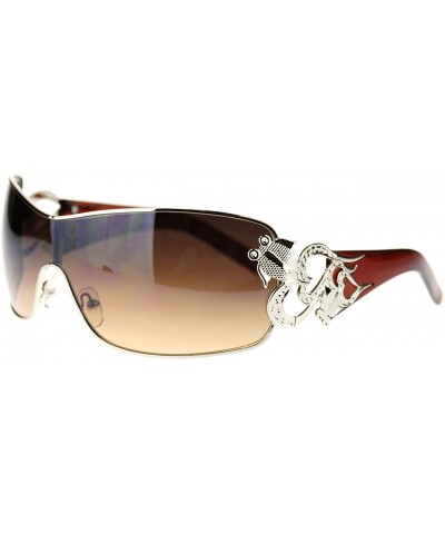 Womens Shield Sunglasses Oversized Rectangular Heart Design - Brown Silver - CC12CLAPMEB $8.07 Rectangular
