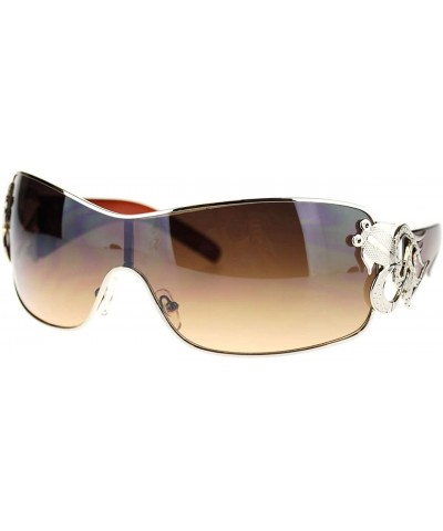 Womens Shield Sunglasses Oversized Rectangular Heart Design - Brown Silver - CC12CLAPMEB $8.07 Rectangular