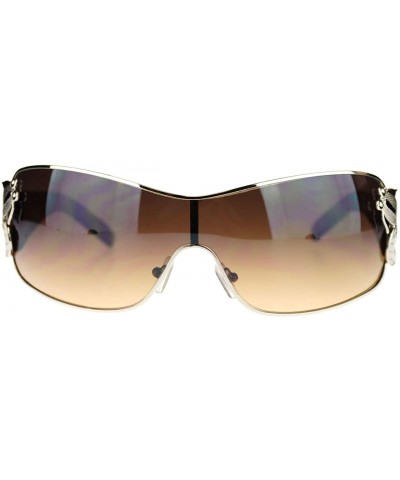 Womens Shield Sunglasses Oversized Rectangular Heart Design - Brown Silver - CC12CLAPMEB $8.07 Rectangular