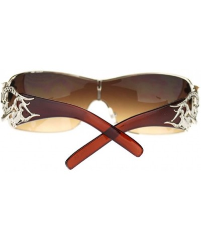 Womens Shield Sunglasses Oversized Rectangular Heart Design - Brown Silver - CC12CLAPMEB $8.07 Rectangular