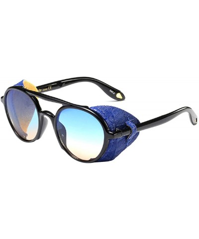 Women's Retro Classic Round Plastic Frame Sunglasses With Leather - Black Blue Brown - CD18W7HNXWO $24.21 Round