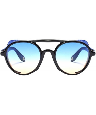 Women's Retro Classic Round Plastic Frame Sunglasses With Leather - Black Blue Brown - CD18W7HNXWO $24.21 Round