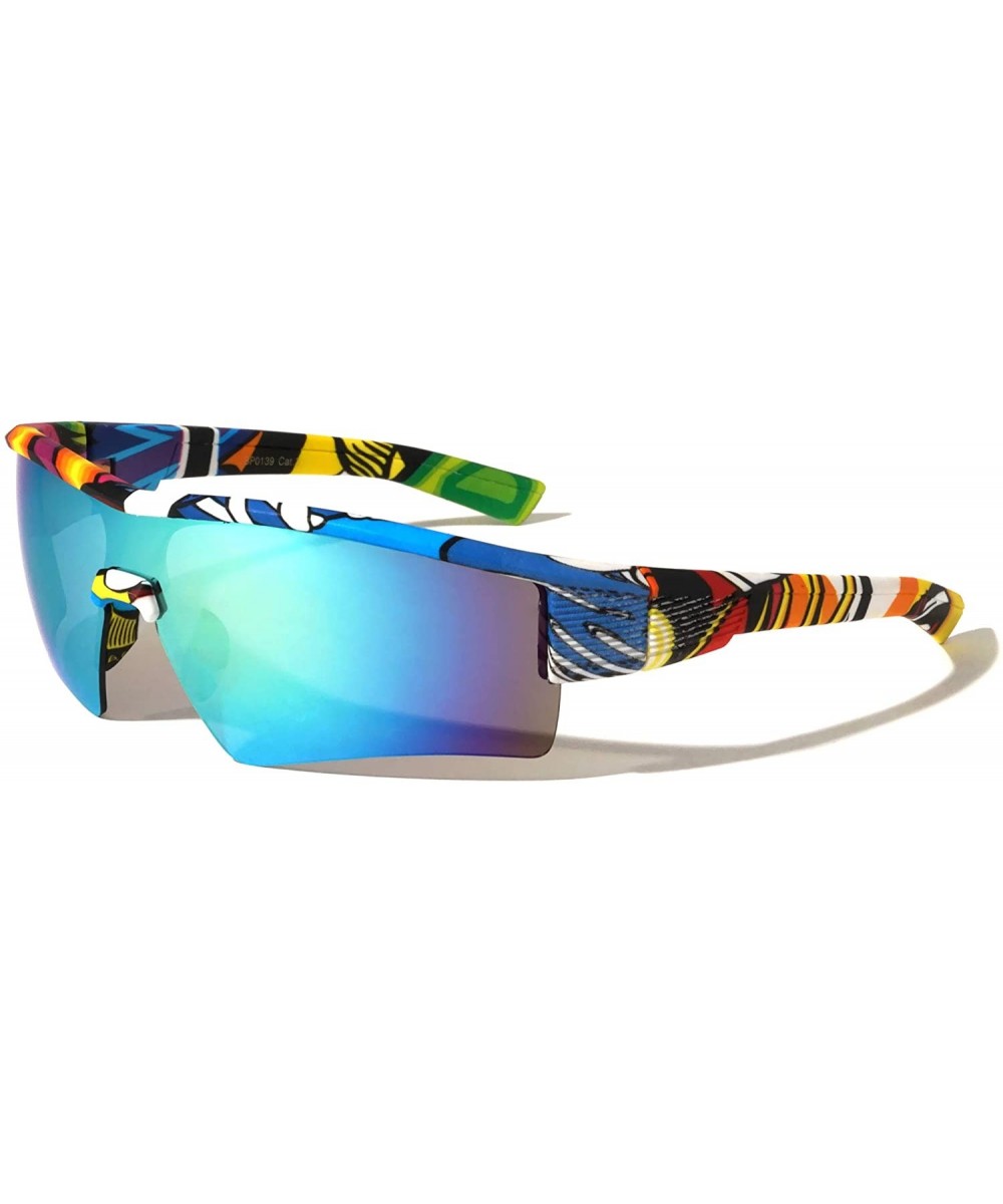 Rimless Sports Shield Graffiti Sunglasses - Light Blue Graffiti - CV197M3MEA7 $9.29 Shield