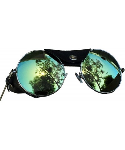 Round Lens Motorcycle Sunglasses Steampunk (Chrome- Blue/Green Mirror) - CX12MH5XTSH $22.87 Wrap