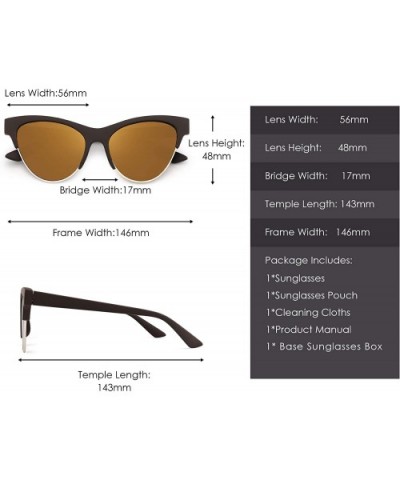 Vintage Cat Eye Sunglasses for Women Half Frame Mirror Lens - Coffee Frame / Mirror Gold Lens - CW18UORGEEL $13.98 Cat Eye