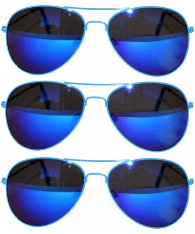 Set of 3 Pack Aviator Style Sunglasses Colored Metal Frame Mirror Lens Smoke Lens - 3_pack_mirror_blue - CA17YRNXZEU $8.56 Oval
