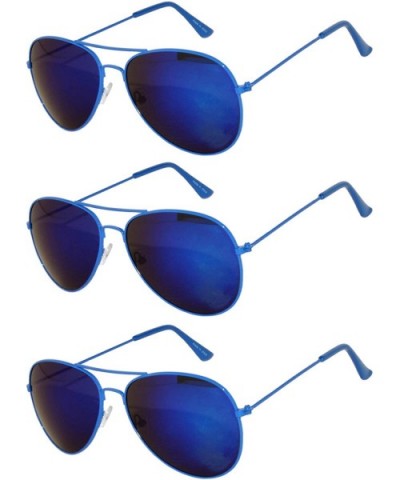 Set of 3 Pack Aviator Style Sunglasses Colored Metal Frame Mirror Lens Smoke Lens - 3_pack_mirror_blue - CA17YRNXZEU $8.56 Oval