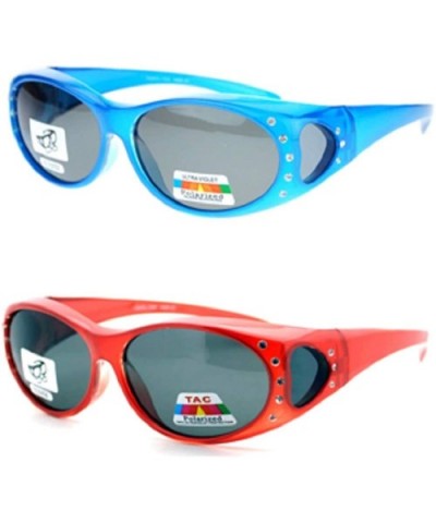 2 Pair Polarized Rhinestone Oval Lens Shield Fit Over Glasses Sunglasses Anti Glare - 2 Pair Blue/Red - C3198MIHKOD $18.35 Wrap