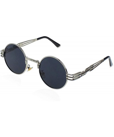 Round Sunglasses for Women Men- Polarized Lens-100% UV Protection - Silver Frame/Black Lens - CN199O7ADLO $12.13 Round