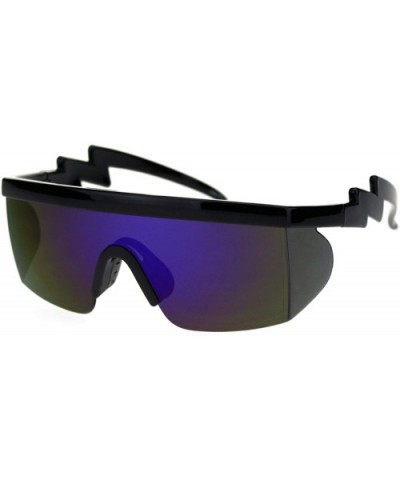 Flat Top Crooked Bolt Arm Goggle Style Color Mirror Shield 80s Sunglasses - Black Blue Mirror - C818SM9RNZ4 $7.09 Shield