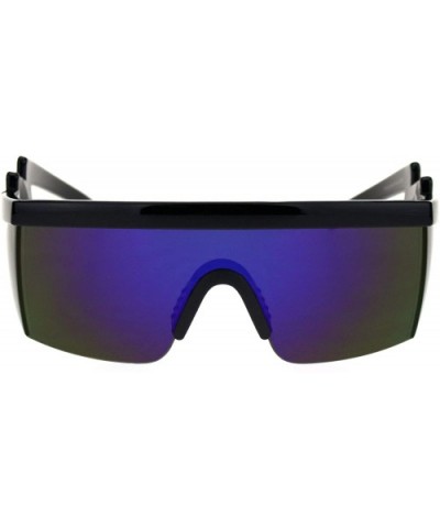 Flat Top Crooked Bolt Arm Goggle Style Color Mirror Shield 80s Sunglasses - Black Blue Mirror - C818SM9RNZ4 $7.09 Shield